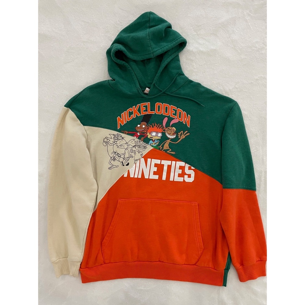 Nickelodeon 90s Color Block Men's Hoodie Green Orange XL Rugrats Hey Arnold